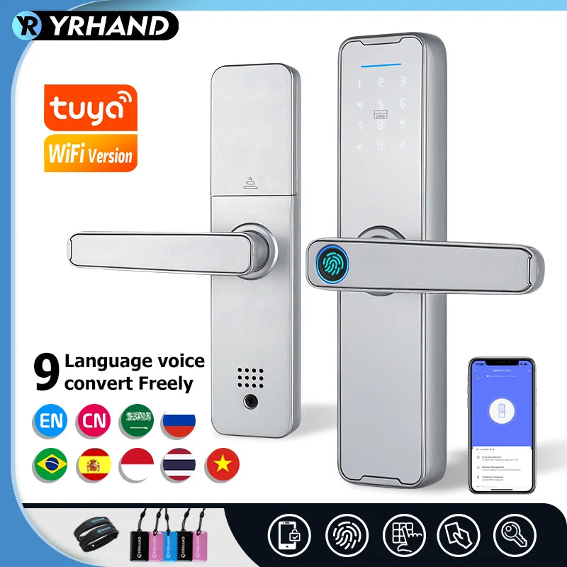 YRHAND K7S New Tuya Wifi Sliver fechadura eletronico digital Biometric Fingerprint Lock App Remote Waterpoof Smart Door Lock