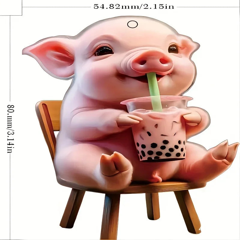 Acrylic Happy Milk Tea Drinking, Decorative Pig Rearview Mirror Pendant, Backpack Keychain Decorative Pendant