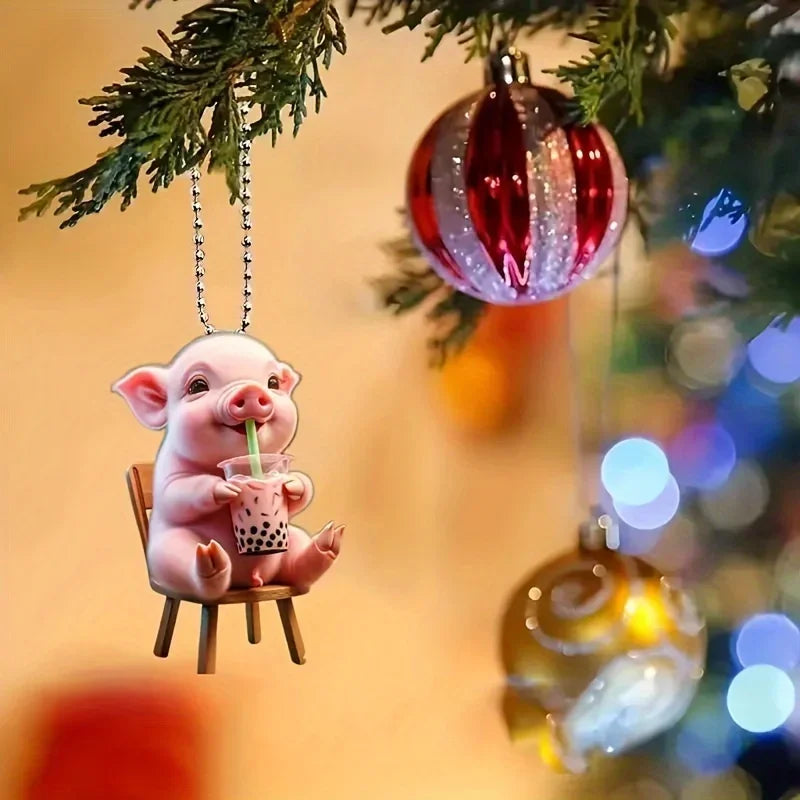 Acrylic Happy Milk Tea Drinking, Decorative Pig Rearview Mirror Pendant, Backpack Keychain Decorative Pendant