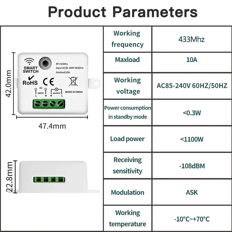 Remote Rf433 Relay TNCE RF433 Relay Receiver,Wireless Light Switch 433Mhz Mini Remote Con