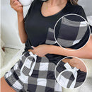 Two piece women's pajama round neck short sleeved T-shirt and checkered bow front shorts casual home pajama set