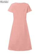 ANZEA 2025 Women Summer Work OL Midi Dresses Elegant V Neck Short Sleeve Dress Fashion Solid A Line Party Sundress Vestidos Robe