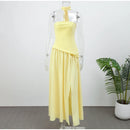 The Aurelian | Butter Yellow Mesh Strapless Pleated Evening Gown