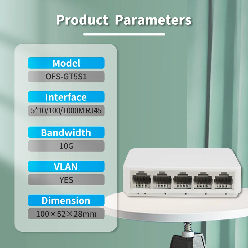 OPTFOCUS 5 8 Ports UTP RJ45 Gigabit Ethernet Switch 1000 Mbps Mini Network Switches VLAN Ethernet Splitter Lan Hub Switch
