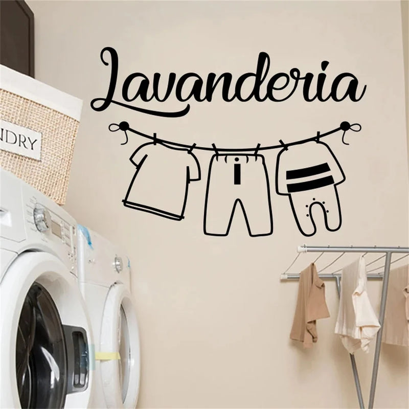 Italian Words Lavanderia Wall Sticker Panni Stesi Wall Decals Laundry Room Decoration Waterproof Removable Wallpaper