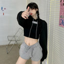 Female Cut Out Crop Top Hoodie Long Sleeve Hooded Pullover Sweatshirt Drop Shoulder Drawstring Hoodie Crop Jumper-Top