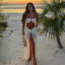 Hollow Out Backless Halter Split Long Dress Women Lace Up Off Shoulder Pleated Patchwork Holiday Dresses Party Sexy Beach Robe