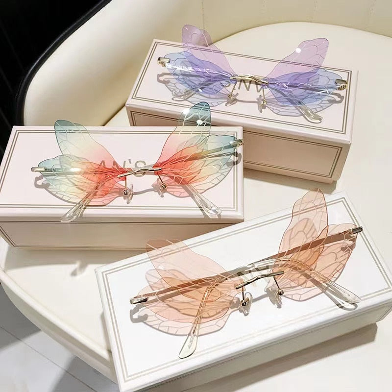 2022 Vintage Dragonfly Wings Sunglasses Fashion Rimless Women Clear Lens Eyewear Men Pink Sun Glasses UV400 Eyewear Female