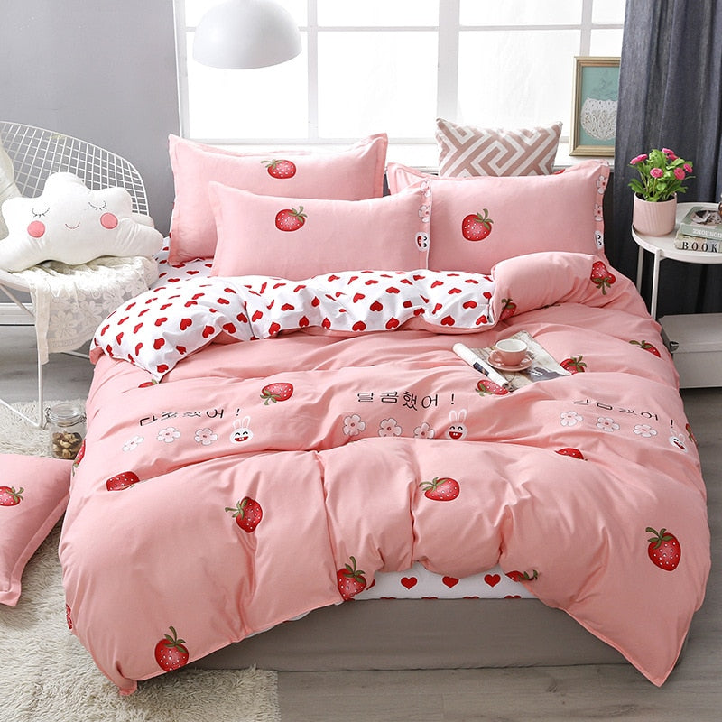 3/4pcs Bedding Set Pink Strawberry Fashion Bed Sheets Queen Size Luxury Bedding Set bed Sheet Sets Duvet Cover Set King Size