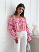 Floral Print Sexy One-shoulder Shirt Women Elegant Fashion Pleated Off Shoulder Blouse For Women 2024 Casual Loose Ruffles Tops
