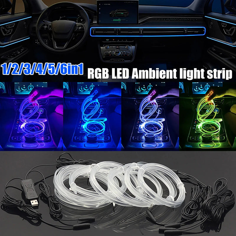 Car RGB Ambient LED Light Strip USB Fiber Optic Atmosphere Neon Invisible Light Strip Center Console Door Decoration Lamp