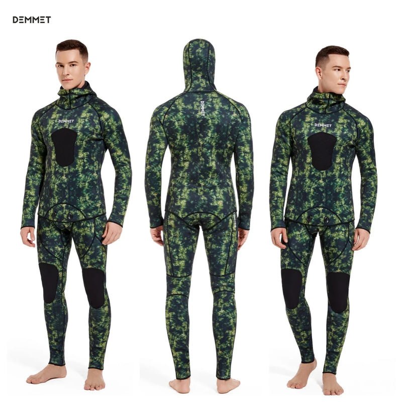 3mm/5mm Spearfishing Wetsuit Camouflage Open Cell Neoprene Free Diving Suit 2-Piece Fullsuit Mens Hooded Snorkeling Suits
