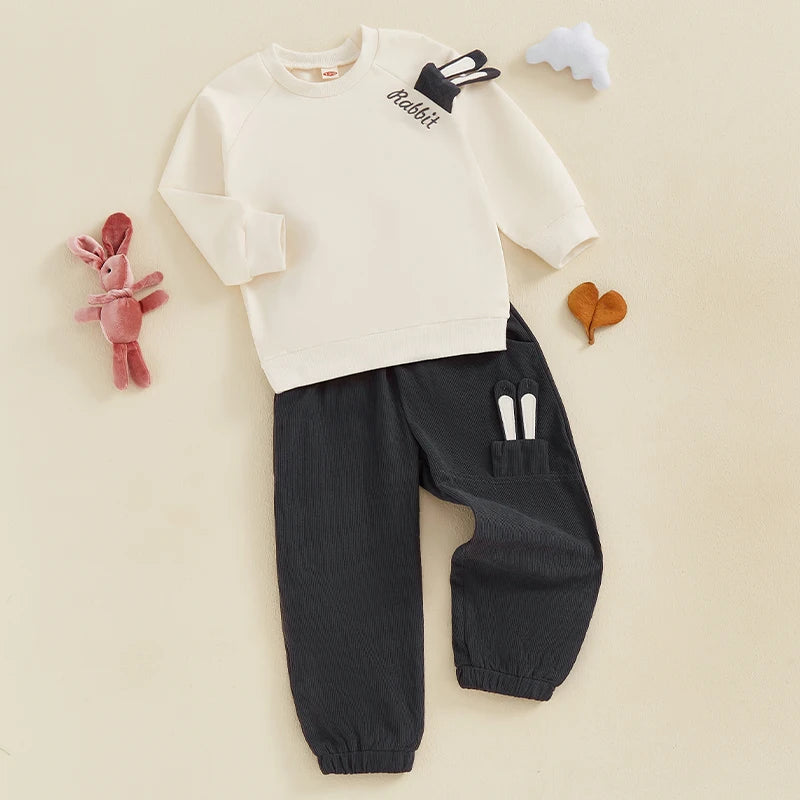 3--6Years Kids Boy 2Pcs Easter Outfits Long Sleeve Sweatshirt with Bunny Ears and Casual Pants Sets Spring Boys Clothes