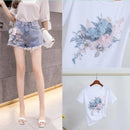 Korean Two Piece Sets Women Clothing Embroidery Short Sleeve White Tshirts High Waist Denim Shorts Outfits Casual Summer Y2k Set