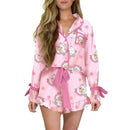 Christmas Pajamas for Women Bow Santa Claus Print Long Sleeve Shirts Ruffle Shorts Lounge Set Xmas 2 Piece Sleepwear