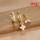 3PCS Stainless Steel Gold Color Four Flower Hoop Earrings Set for Women Elegant Zircon Pendant Huggies Piercing Trendy Jewelry