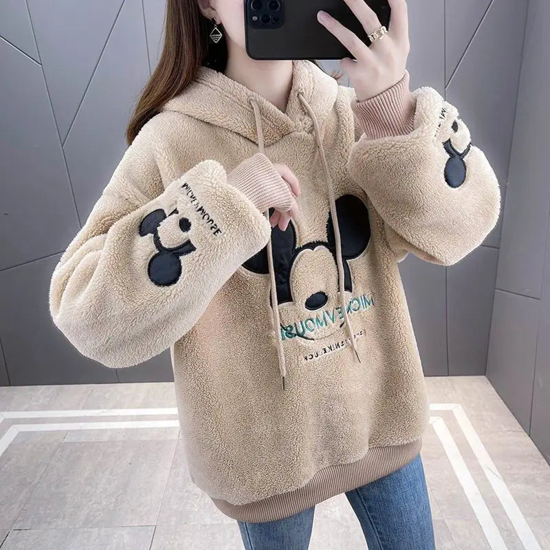 Disney Mickey Mouse Print Sweatshirt Thick Plush Lining Hoodie Loose Korean Fashion All-match Oversized Kawaii Hoodies