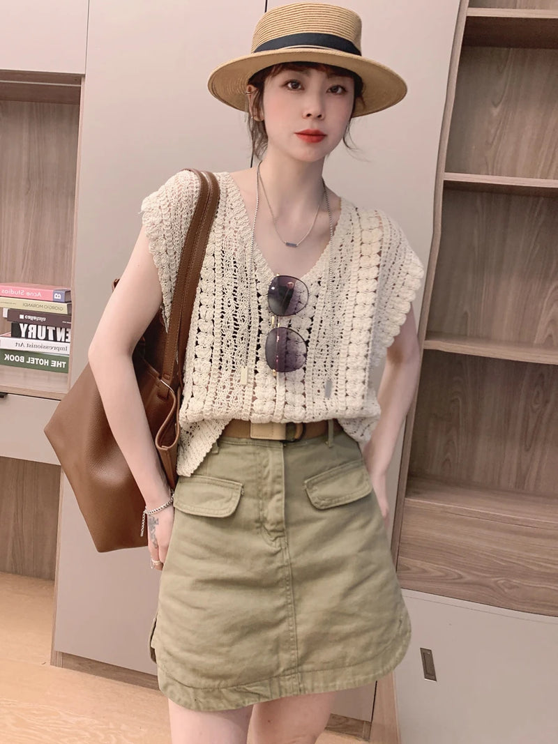 Cotton Crochet Tops Sexy Knitted Hollow Out Sleeveless T-Shirts Loose Female Women Clothing 2023 Summer New Vintage Tees Femme