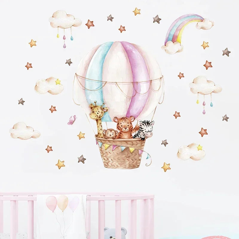 Watercolor Pink Hot Airballoon Cute Animals Cloud Rainbow Wall Stickers for Kids Room Baby Nursery Room Wall Decals Home Decor