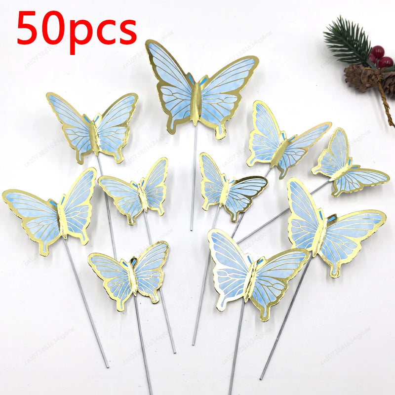 50pcs Butterfly Cake Decoration Gold Pink Butterfly Cake Toppers Birthday Wedding Anniversary Shower Baking Toppers