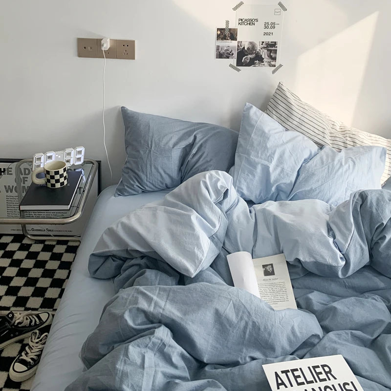 Simple Blue Solid Color Bedding Set Soft Sheet Duvet Cover Pillowcase Girl Boy Bed Linen Twin Queen Full Fashion Quilt Cover