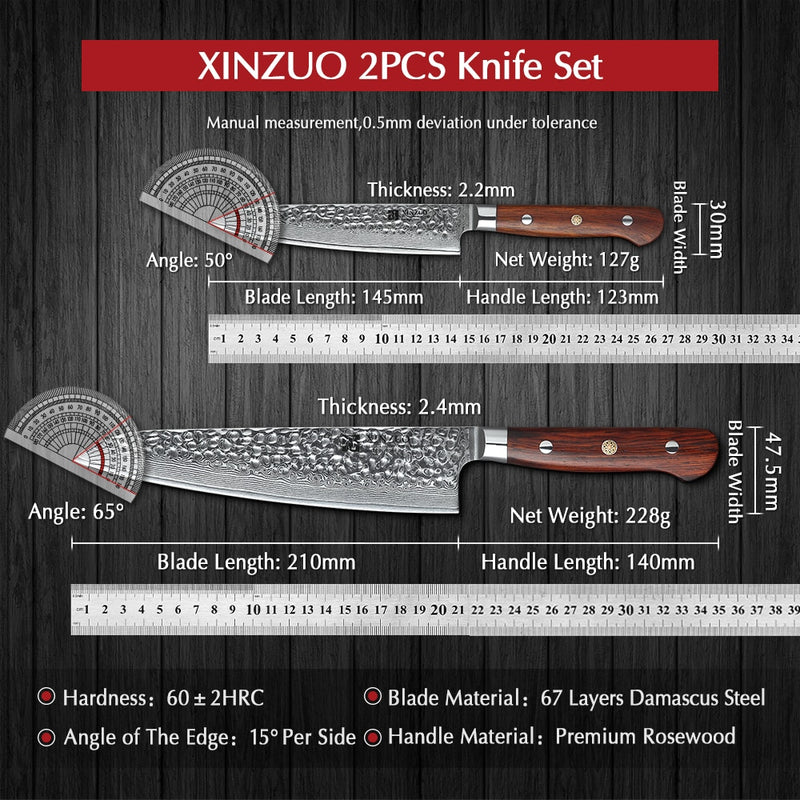 XINZUO 2PC Kitchen Knife Set Damascus Steel Knives Tools Paring Utility Santoku Chef Slicing Bread Kitchen Accessories Tools