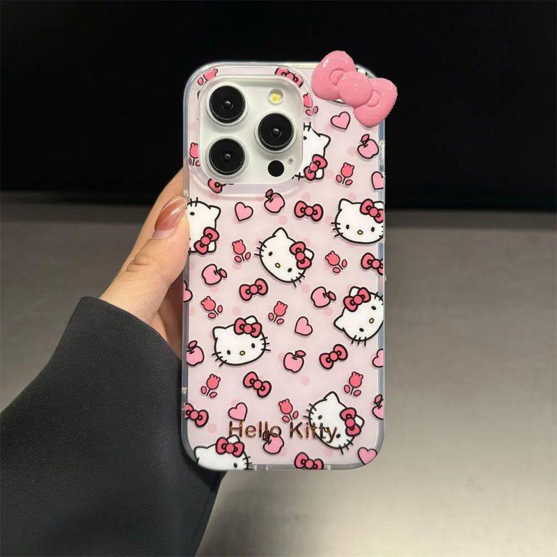 Sanrio Hello Kitty Full Screen Bow KT Phone Case For iPhone 15 14 12 13 11 Pro Max XR XS MAX 7 8 PLUS MINI Y2K Pink Flower Cover