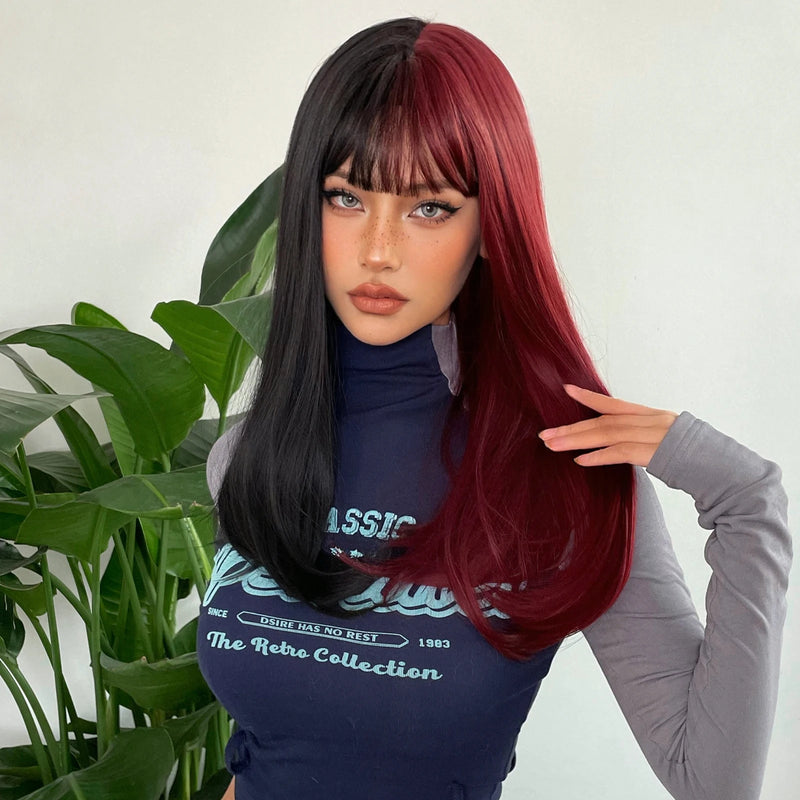 Wine Red and Black Medium Length Synthetic Wigs with Bangs Christmas Halloween Cosplay Hair Heat Resistant Fibre Two Tone Wig