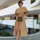 The Overcast Line | Belted Trench Midi Dress with Cape Overlay