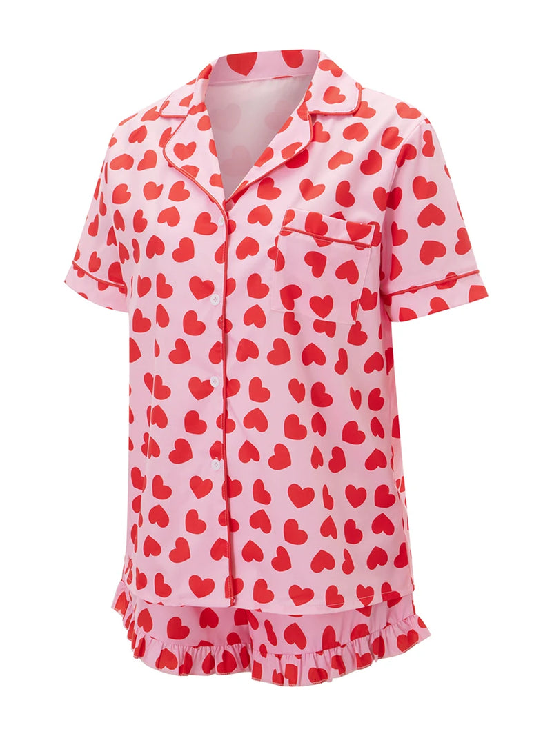 Women s Valentine s Day Pajama Set with Heart Print Short Sleeve Top and Drawstring Shorts Cute Sleepwear Loungewear Set for