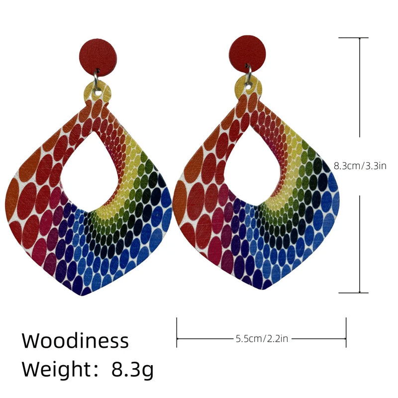 Hot Vintage Ethnic Style Earrings Bohemian Hollow out Wooden Earrings with Antique Pattern Colorful Earrings Gift