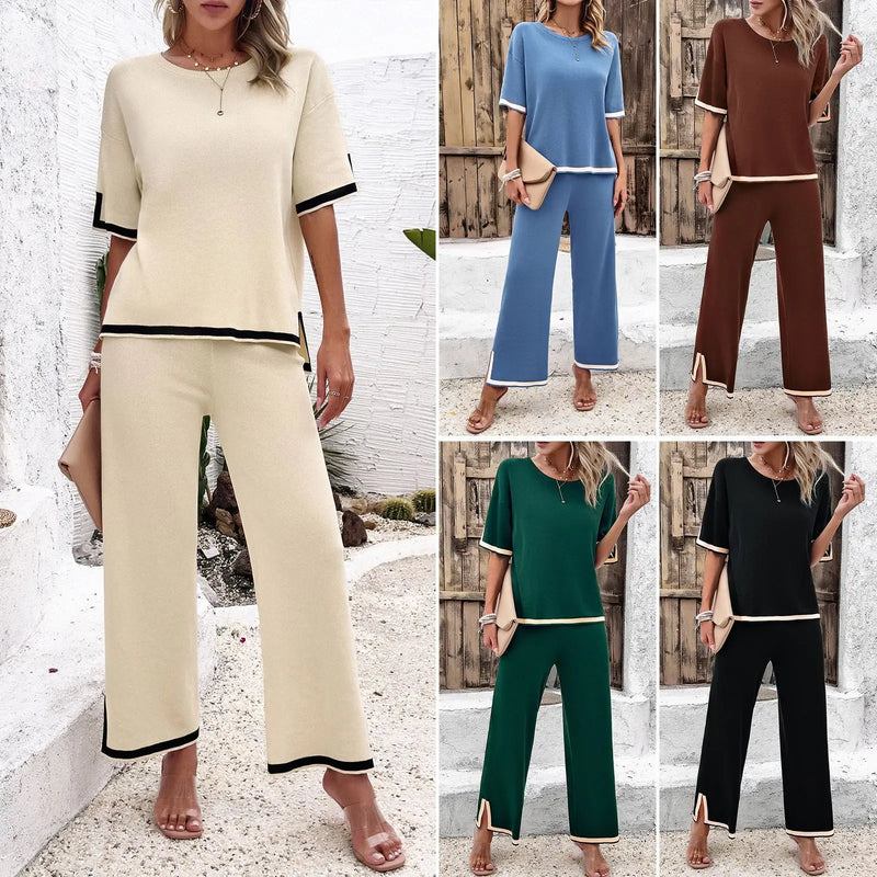High Quality Elegant Women Clothing 2024 Temperament Casual Solid Color Knitted Shite Sleeved Suit Sweatpants Wide Leg Pants Y2k