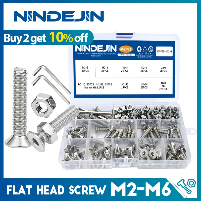 NINDEJIN Hex Hexagon Socket countersunk head screw kit m2 m2.5 m3 m4 m5 m6 stainless steel flat head bolt and nut screw set