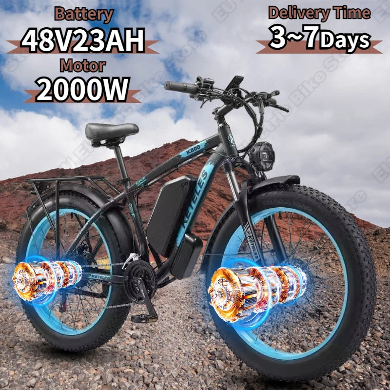 K800 Electric Bike 2000W Dual Motor 48V23AH Lithium Battery Hydraulic Brake E-bike Mountain 26*4.0-in Fat Tire Electric Bicycle