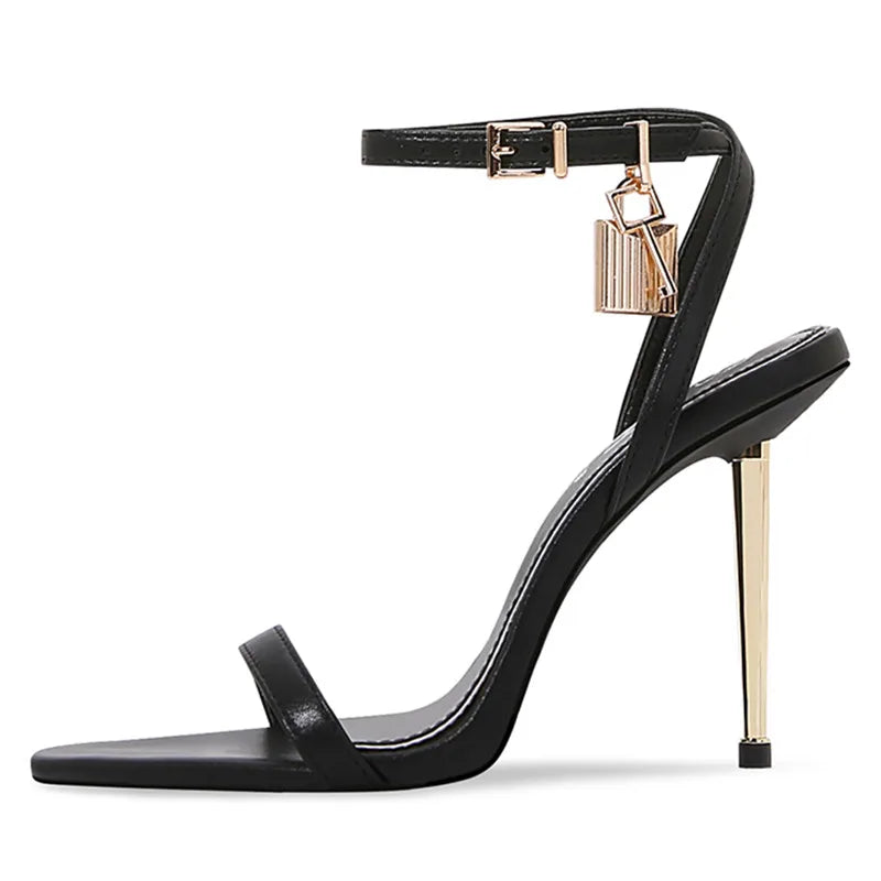 Designer Padlock Women Sandals Sexy Black 10CM High Heel Party Dress Shoes Pointed Toe Ankle Strap Gladiator Sandal Ladies Pumps