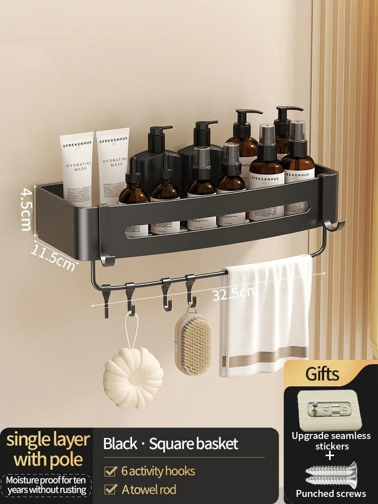 No Need to drill Wall Installation Aluminum Bathroom Shelf Shelves Shampoo Rack Storage Holder Kitchen Organizer Wall Rack