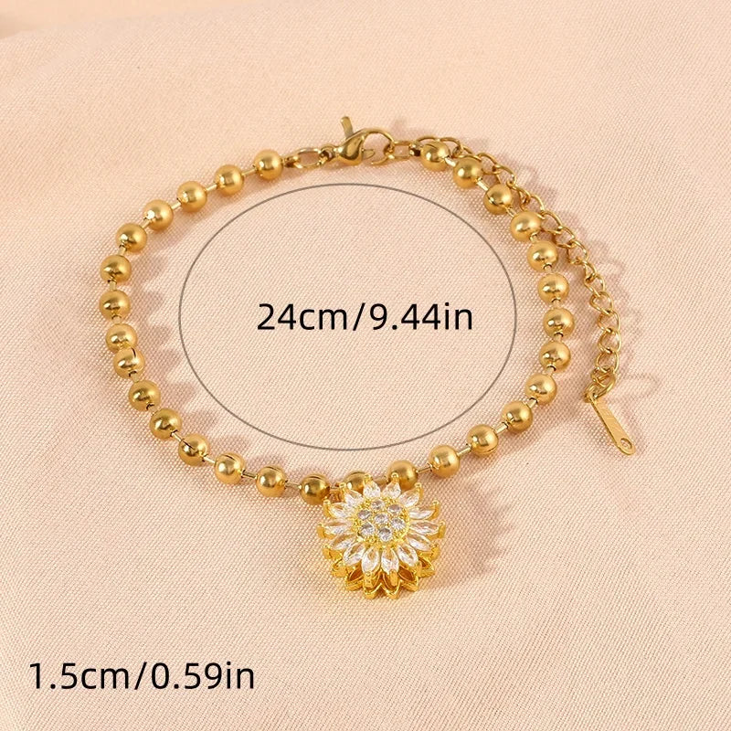 Fashionable 360° rotating sunflower zircon ball titanium steel bracelet for ladies birthday gift Christmas gift