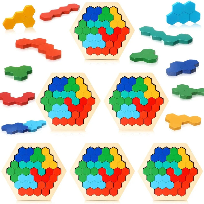 Hexagonal Wooden Puzzles Educational Toys For Children Kids Preschool Tangram Board Brain IQ Test Game Montessori Toys Gifts
