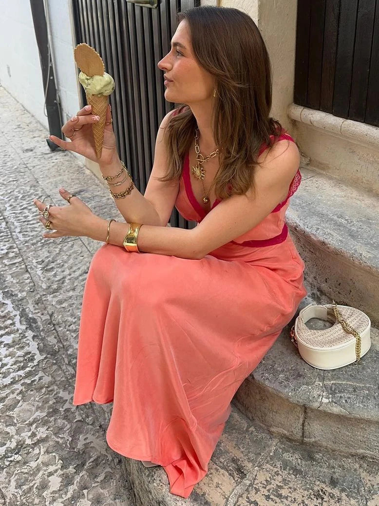 Tossy V-Neck Fashion Lace Maxi Dress Women High Waist Fashion Slim Backless Summer Dress Elegant Patchwork Women's Long Dress