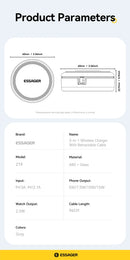 Essager 15W 3 in 1 Magnetic Wireless Charger With 96cm Retractable Type-C Cable For iPhone 16 15 14 13 Pro Max Airpods Watches