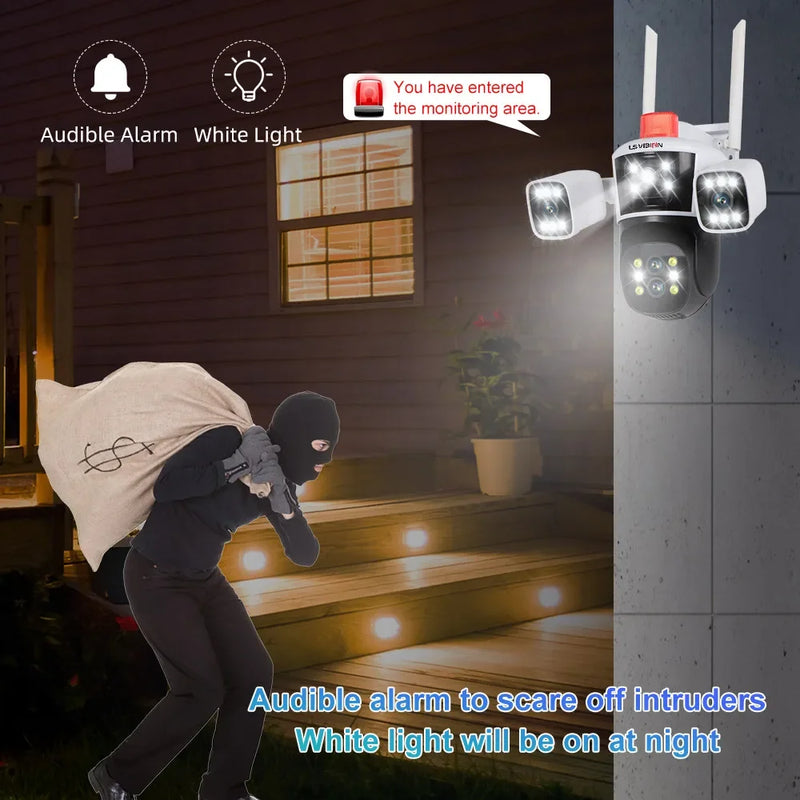 LS VISION 16MP 8K Three Screens Wifi IP Camera PTZ  Four Lens 10X Zoom Outdoor AI Human Tracking CCTV Wifi Surveillance Camera