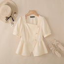 2025 ZANZEA Elegant Puff Sleeve Work Blouses Women Summer Shirts Square Neck Stylish Solid Buttons Tunic Tops Waisted OL Blusas