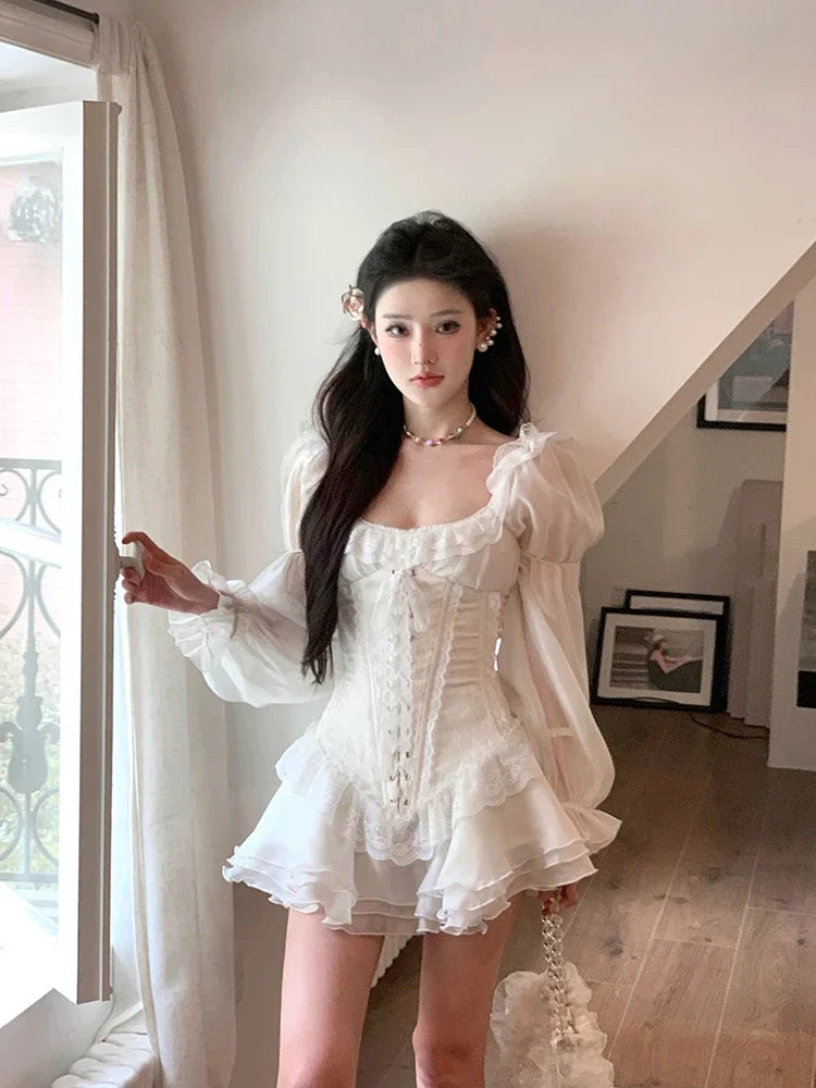 White French Elegant Evening Party Dress Women Casual Sexy Lace Puffed Sleeve Short Robe Summer Korean Y2k Sweet Mini Dress Chic