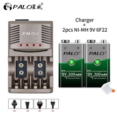 PALO 6F22 9V Ni-MH Rechargeable Battery 9 V 300mAh Batteries 9 voltage low self-discharged 9 volt battery with Smart Charger