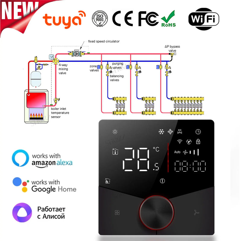 2/4 pipe wifi thermostat central air conditioning 3-speed fan coil rotating temperature adjustment voice TUYA  Alexa 24V