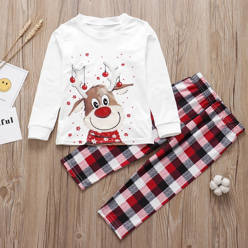 Family Christmas Matching Pajamas Set 2024 New Year Xmas Clothes Father Mom and Me Deer Top Red Plaid Pants Nightwear Pjs Outfit