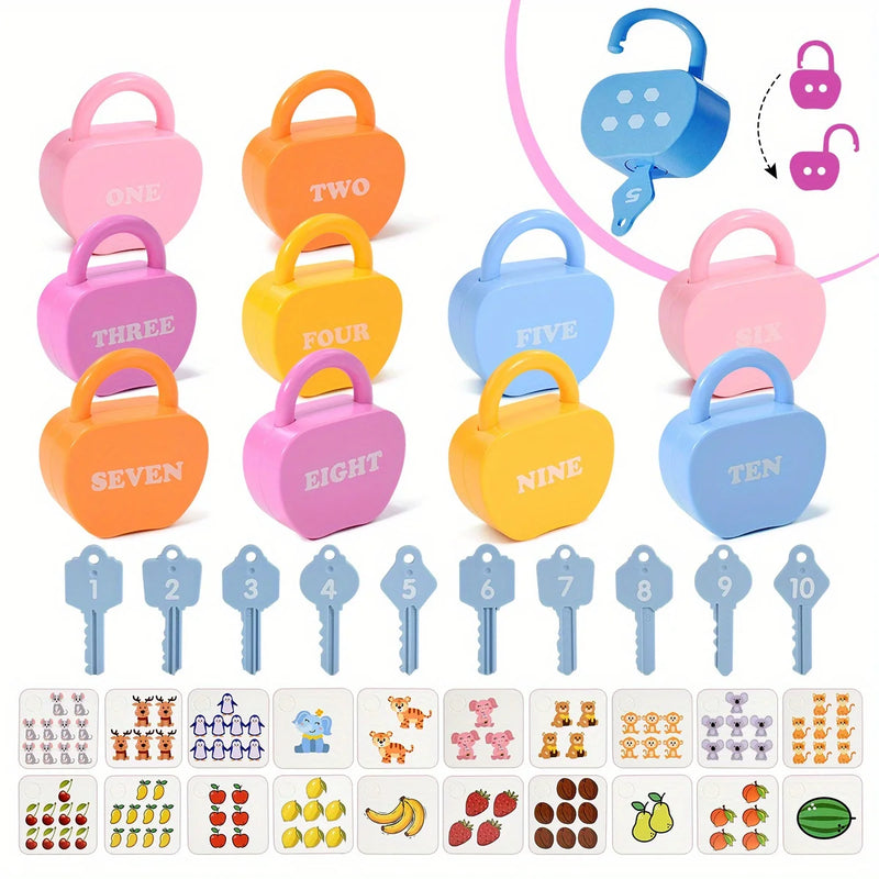 10 Set  Apple Locks Keys Cards Matching Toys Kids Educational Learning Matching Counting Homeschool Math Toy Gift for 3+ Child