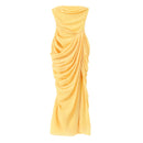 Butter Yellow Mesh Splicing Long Dress Elegant Strapless Split Backless Pleated Gowns For Women 2026 Lady Evening Party Gowns