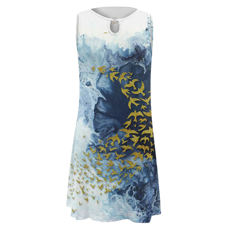 Women Beach Dress Summer Sundress Loose Sleeveless Floral Print Dress V Neck Hollow Beach Elegant Mini Dress