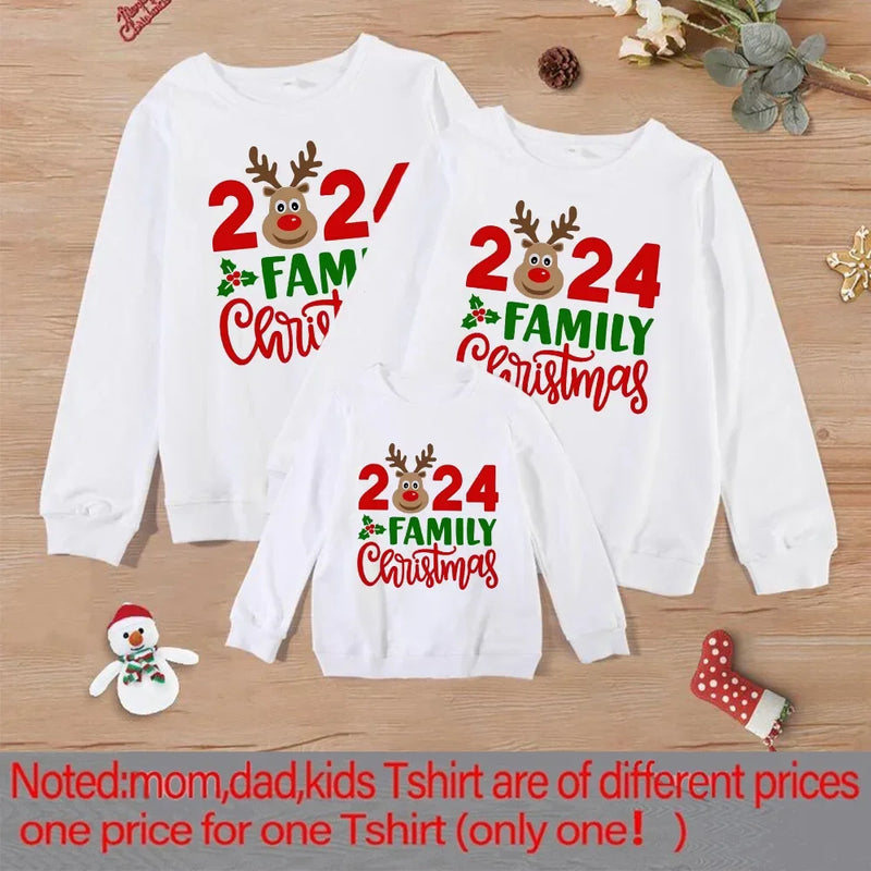 2024 Family Christmas&deer Print Family Together Matching Sweatshirt Casual Christmas Hoodie Christmas Day Holiday Clothes Tops